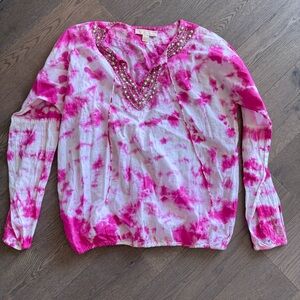 MICHAEL Michael Kors Pink Tie-Dye Beaded V-Neck Tunic Top EUC